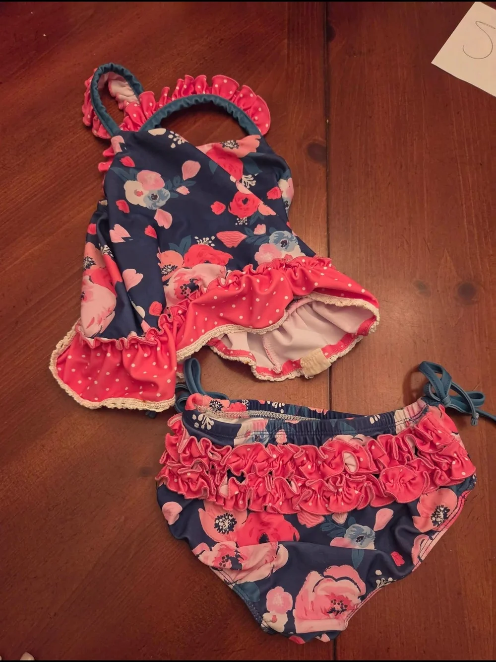Girls Floral Ruffled Two-Piece Swimsuit - Navy & Pink Cheeky Plum
